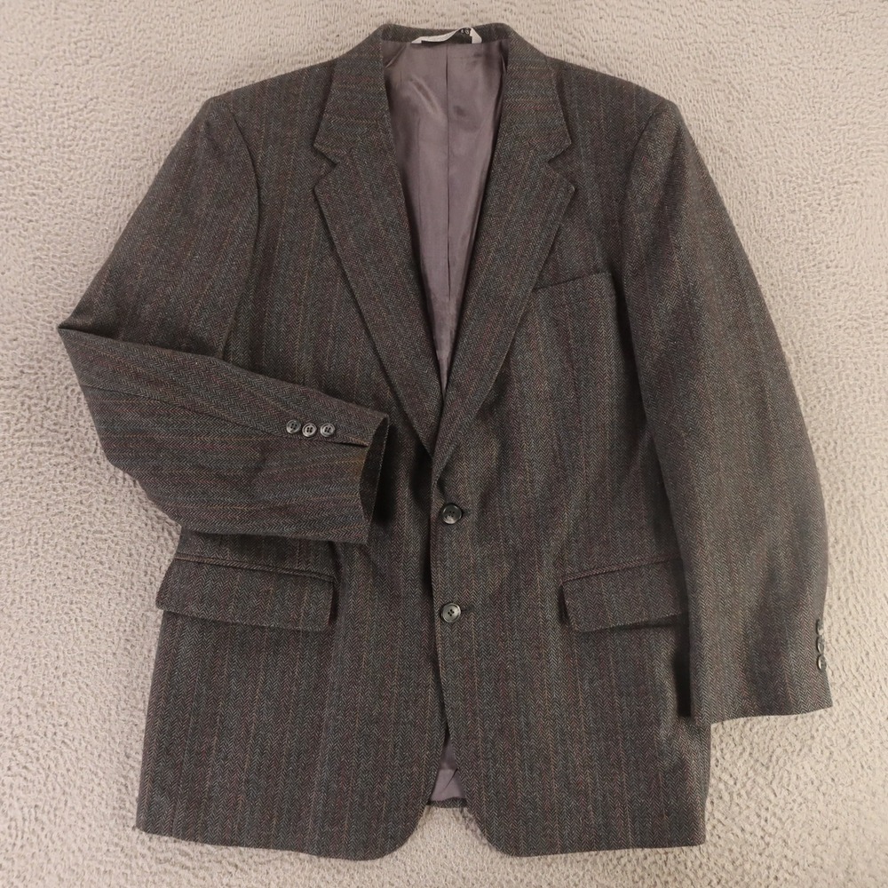 VTG Tweed Jacket M Gray Herringbone Blue Yellow‎ Pinstripe Wool Blazer USA 42R